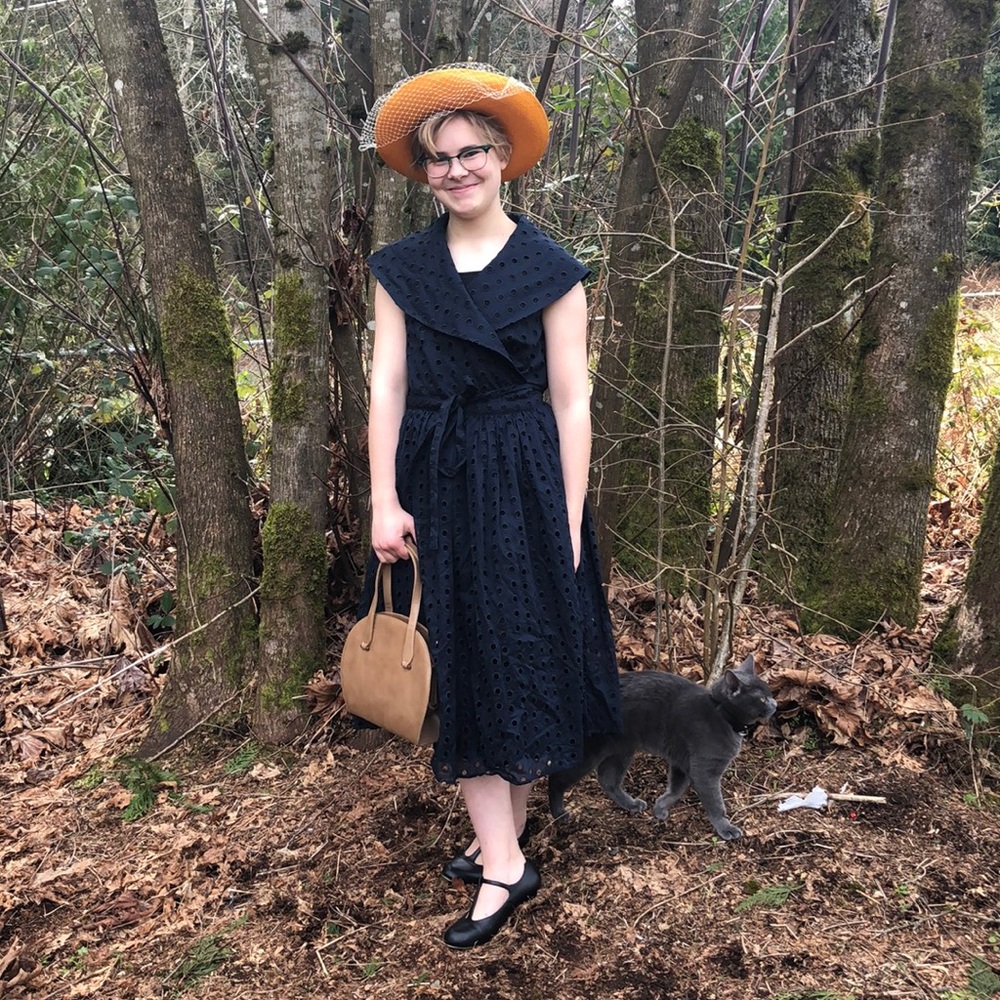 Navy blue polka dotted wrap Liz Claiborne dress